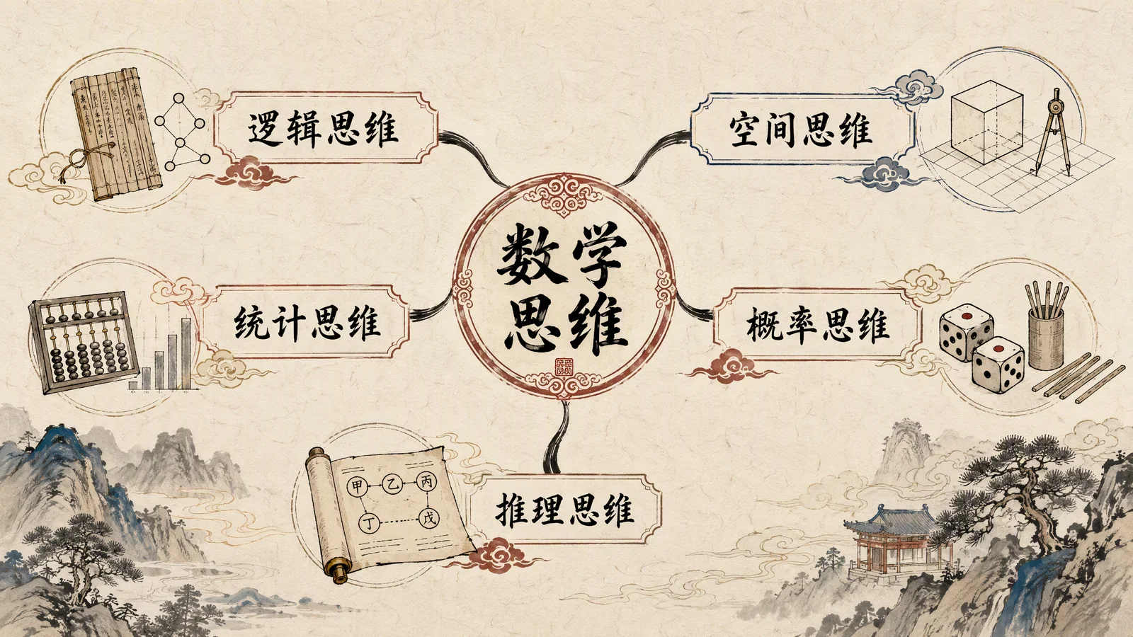 数学思维导图——五大方向毛笔线条祥云纹装饰
