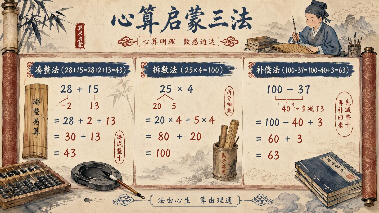 心算技巧图——凑整法、拆数法、补偿法古风版